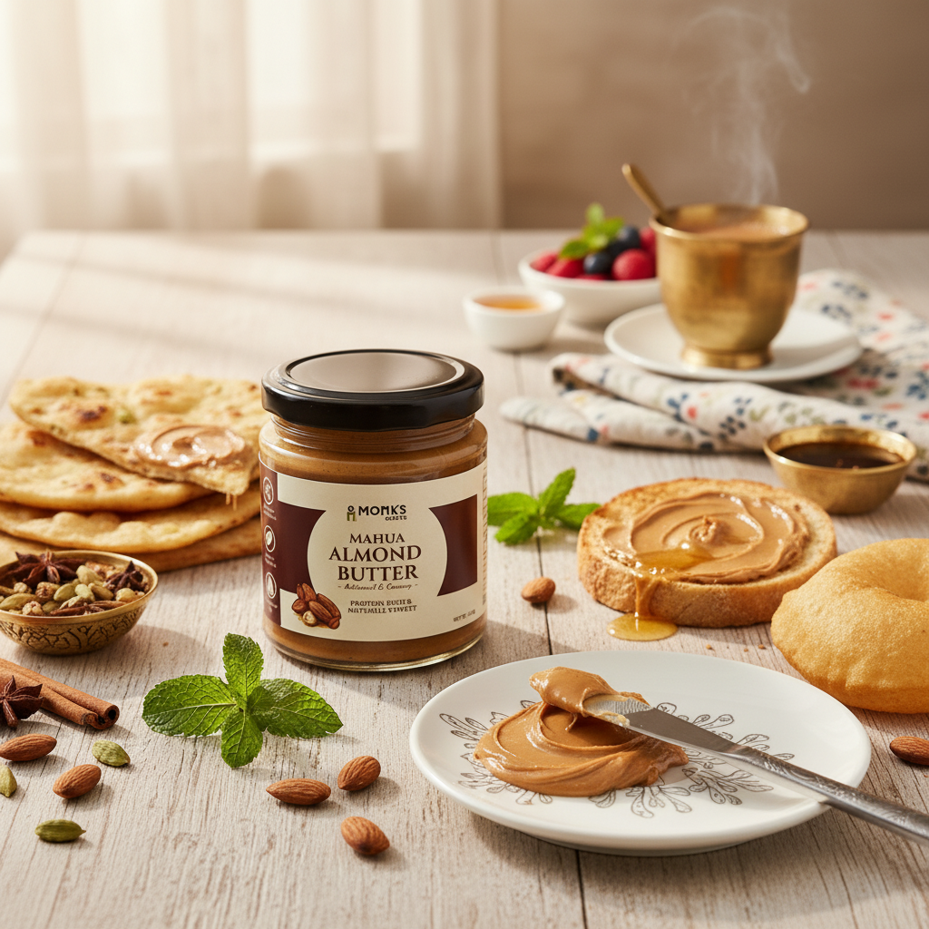 Jar of Monks Mafra Almond Butter on a table with toast and berries